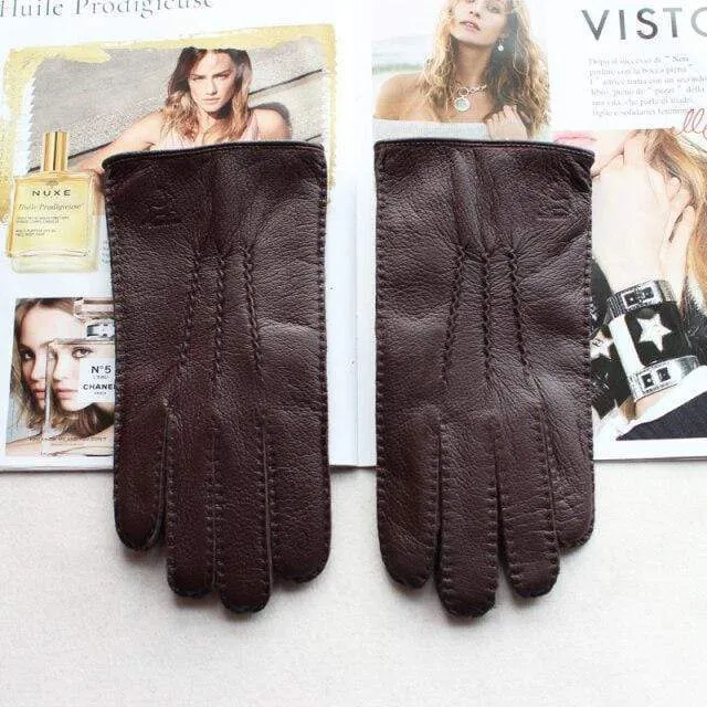 Men's Fashion Deerskin Gloves Colour Touch Screen Hand-Stitched Wool Lining Genuine Leather Gloves