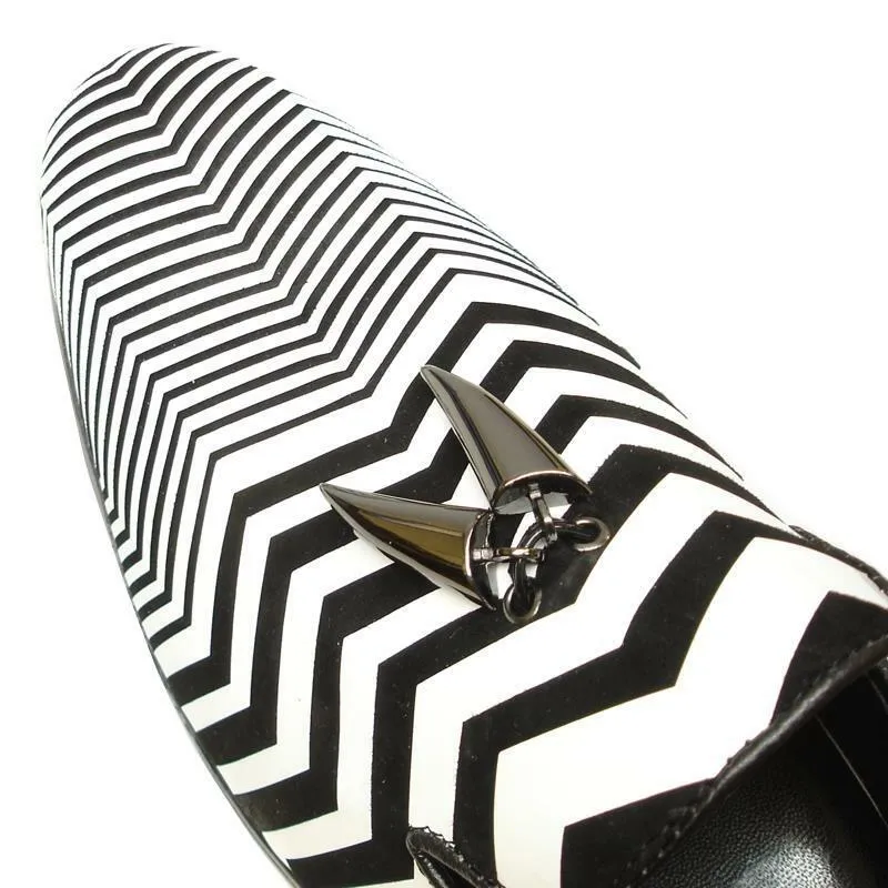 Men's Fiesso White Black Suede Zebra Design Slip On Cap Toe Dress Shoes FI 6945