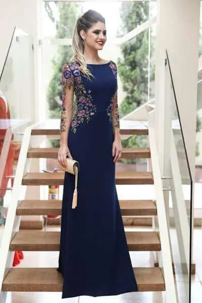 Mermaid Long Sleeves Navy Blue Scoop Prom Dresses Long Formal Dresses