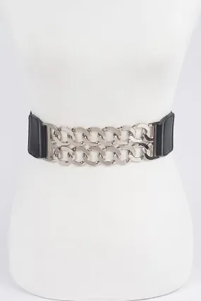 Metal Linked Buckle Elastic Belt - Black Silver