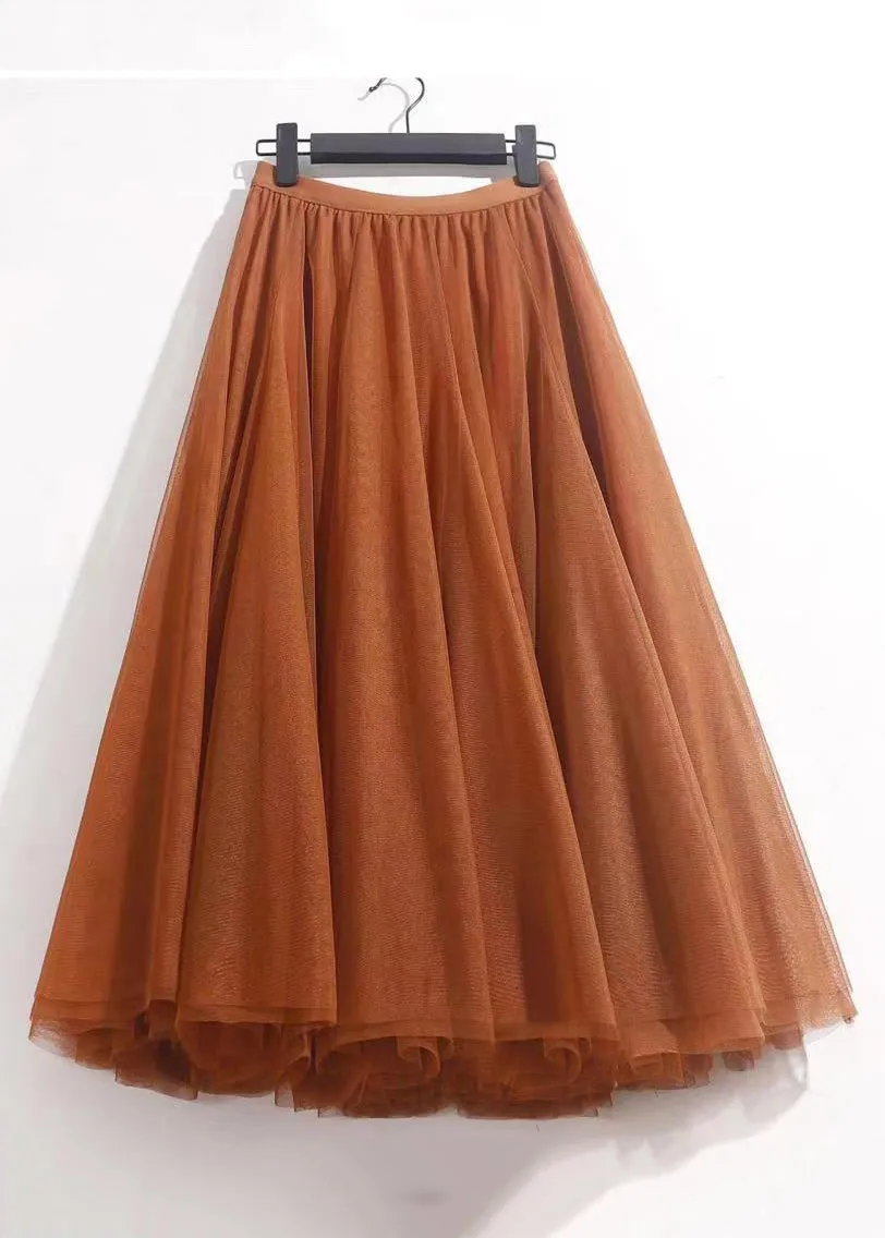 Orange Solid Wrinkled Tulle Summer Skirts High Waist AS1050