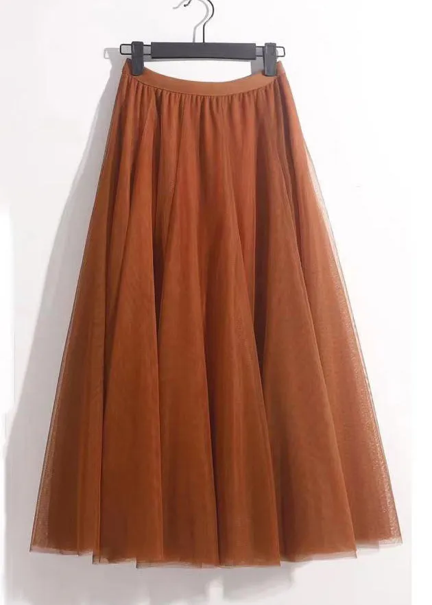 Orange Solid Wrinkled Tulle Summer Skirts High Waist AS1050