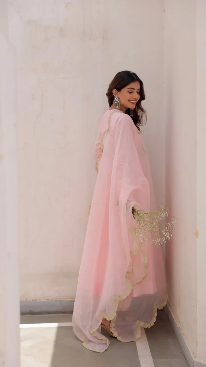 Pink Muslin Anarkali With Zari work organza dupatta