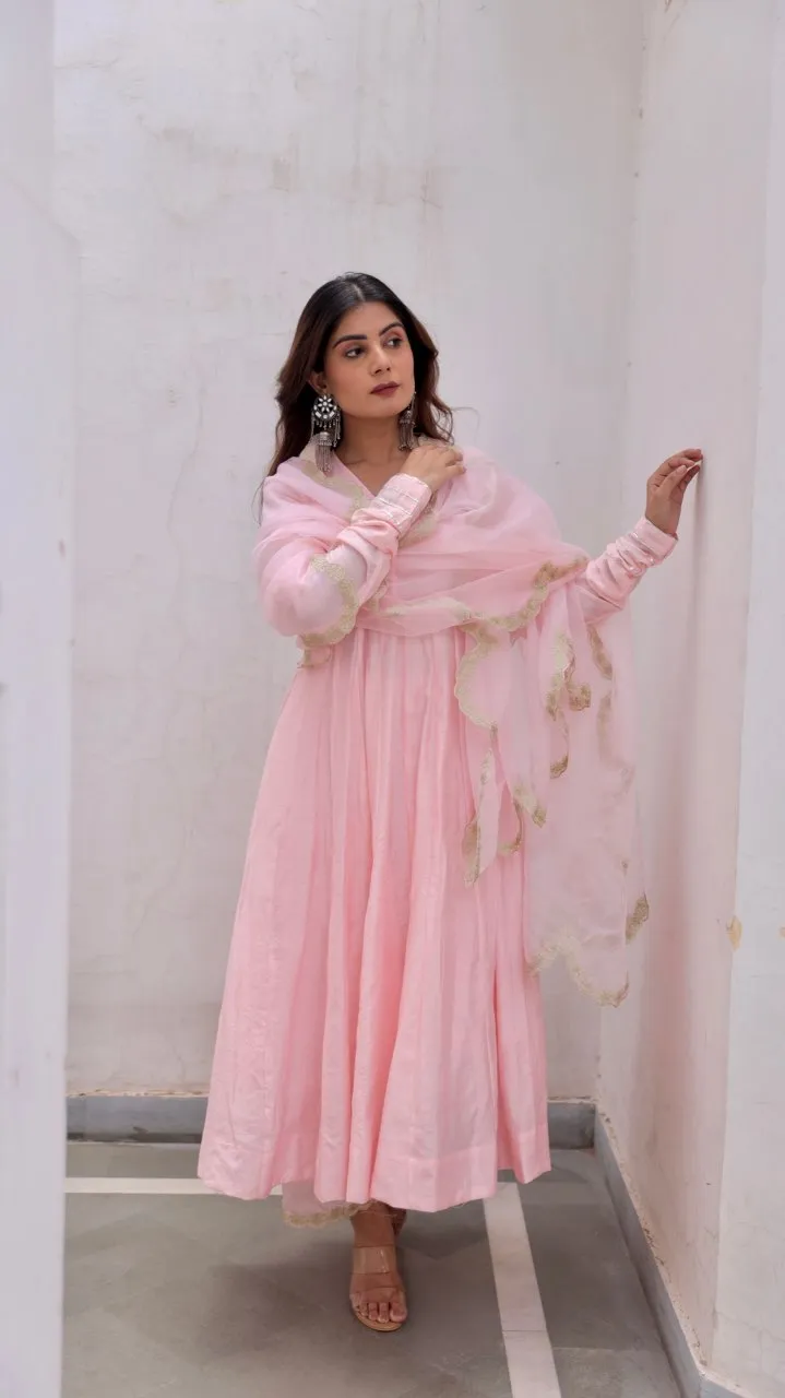 Pink Muslin Anarkali With Zari work organza dupatta