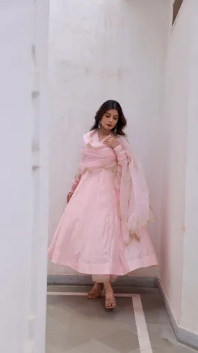 Pink Muslin Anarkali With Zari work organza dupatta