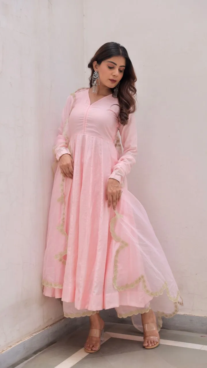 Pink Muslin Anarkali With Zari work organza dupatta