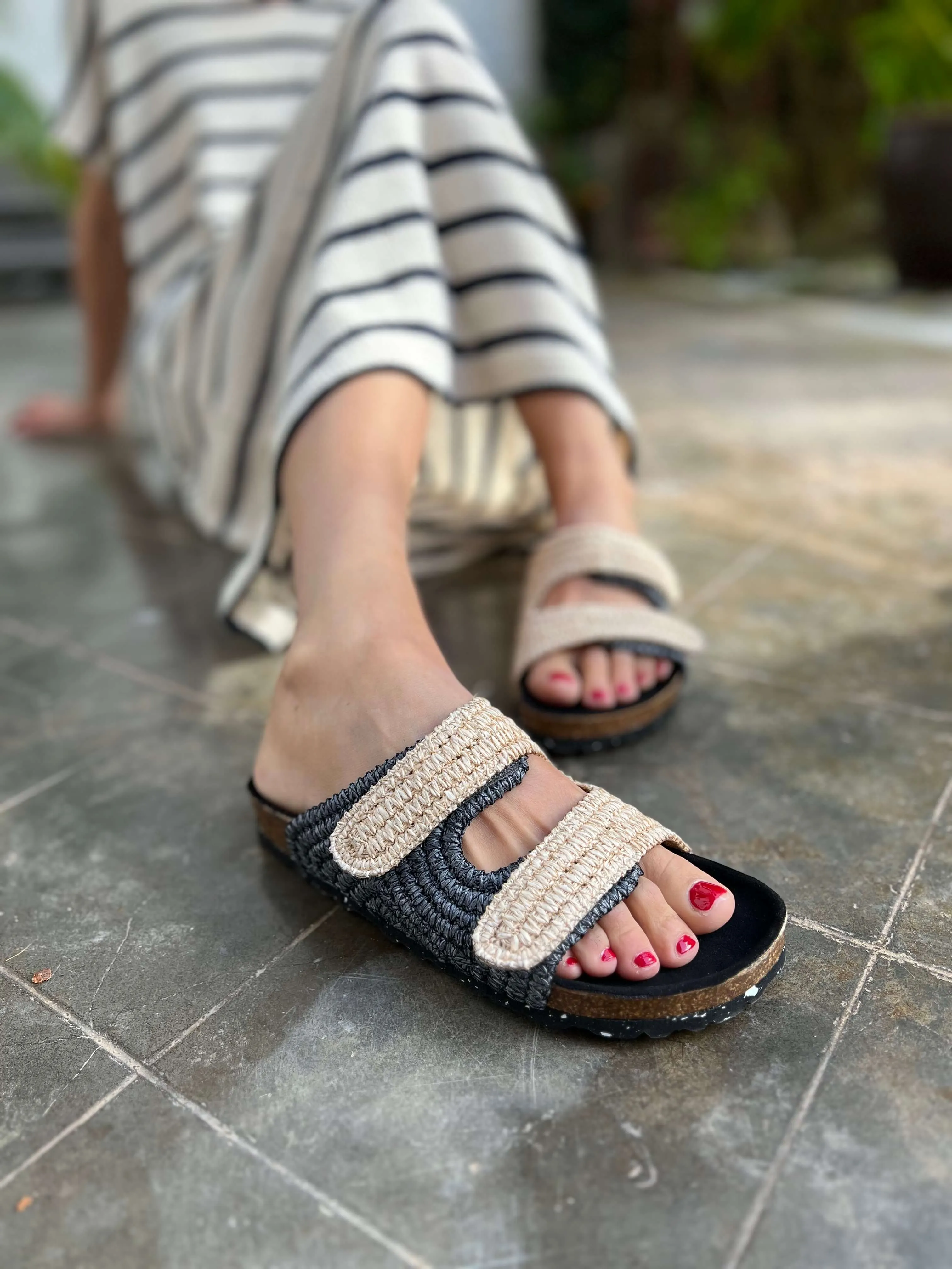 Pollenca Vegan Rafia Sandals | Natural & Black