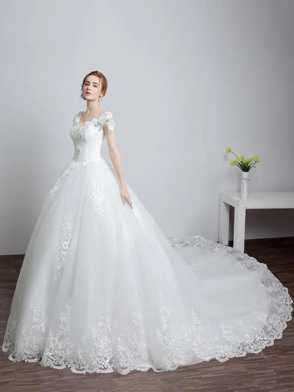 Princess Wedding Dresses Ivory Backless Bridal Dress Lace Applique V Neck Long Train Wedding Gown