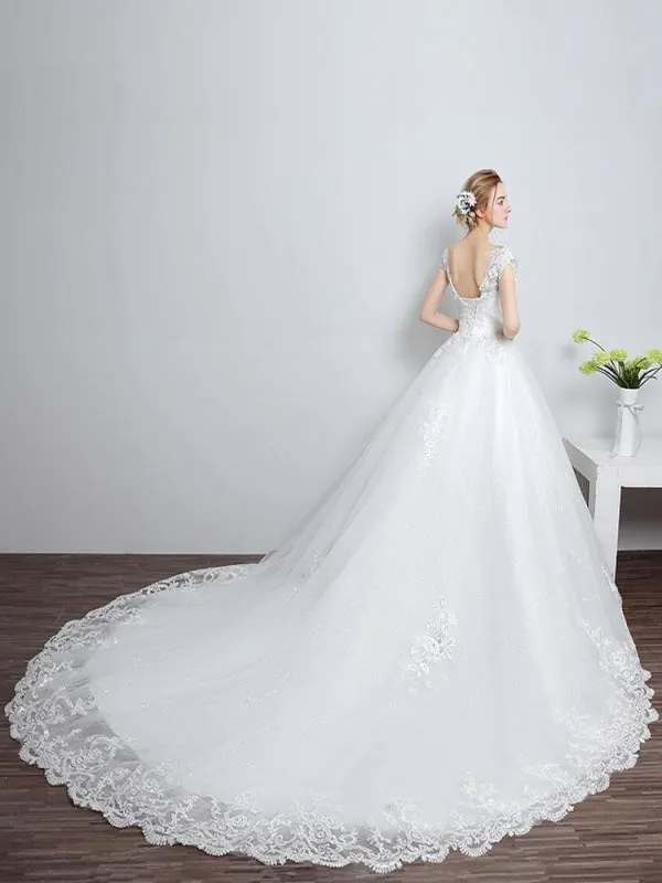 Princess Wedding Dresses Ivory Backless Bridal Dress Lace Applique V Neck Long Train Wedding Gown