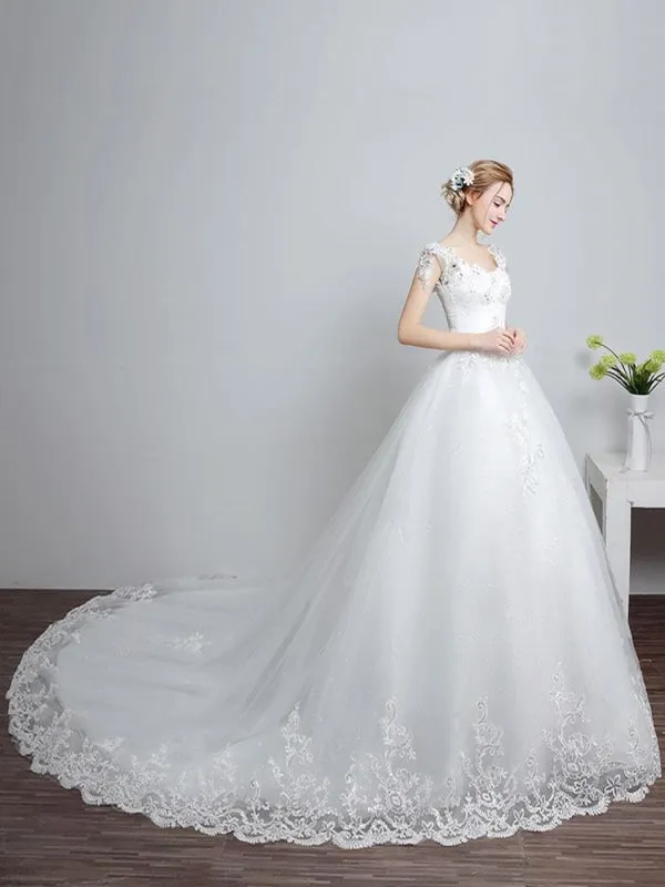 Princess Wedding Dresses Ivory Backless Bridal Dress Lace Applique V Neck Long Train Wedding Gown