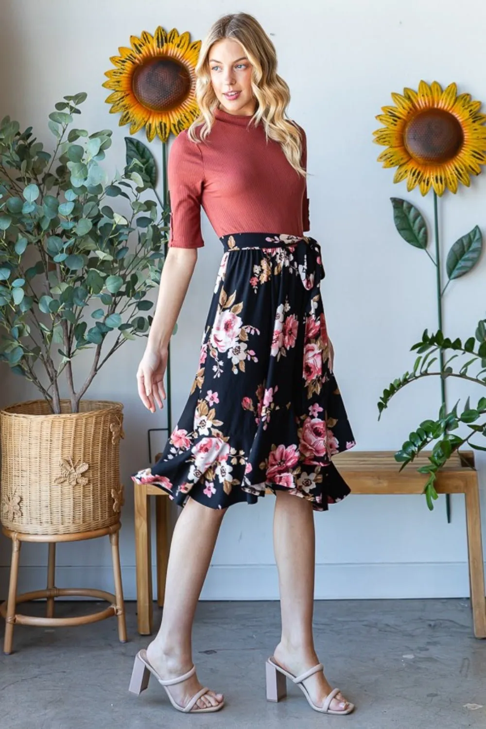 Reborn J:  Floral Wrap Ruffle Hem Skirt