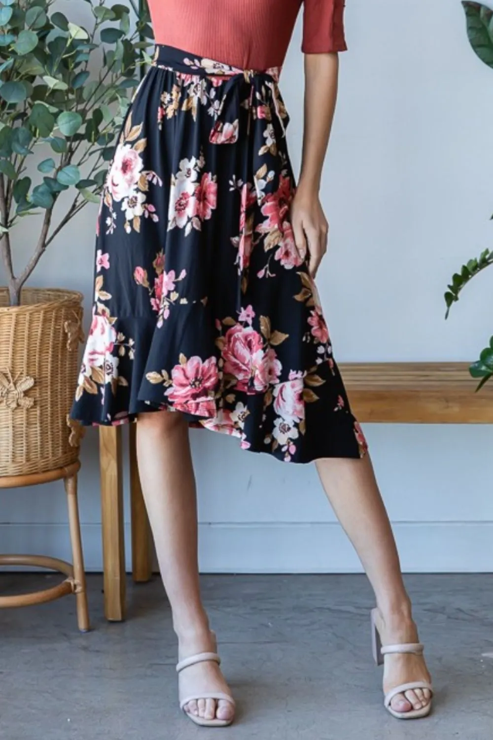 Reborn J:  Floral Wrap Ruffle Hem Skirt