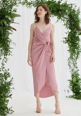 Rosa Tie Side Satin Cami Wrap Dress - Dusky Pink