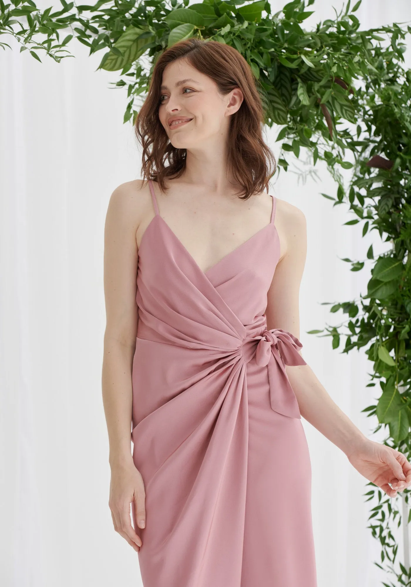 Rosa Tie Side Satin Cami Wrap Dress - Dusky Pink