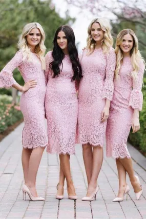 Sheath Tea Length Pink Lace Simple Elegant Bridesmaid Dresses