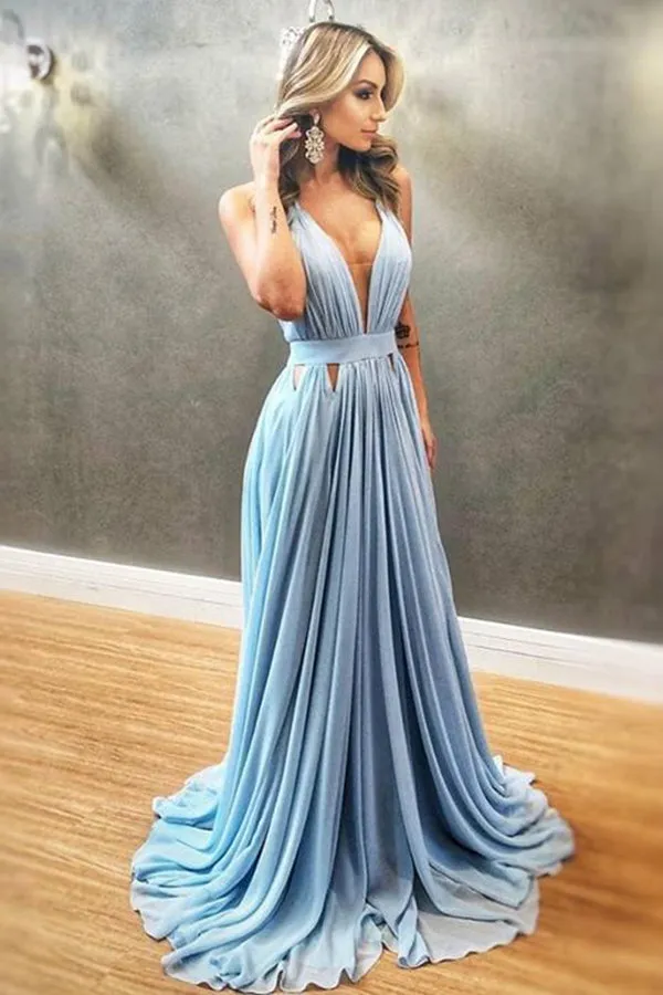 Simple Sleeveless V Neck Prom Dresses Chiffon Long Party Dresses