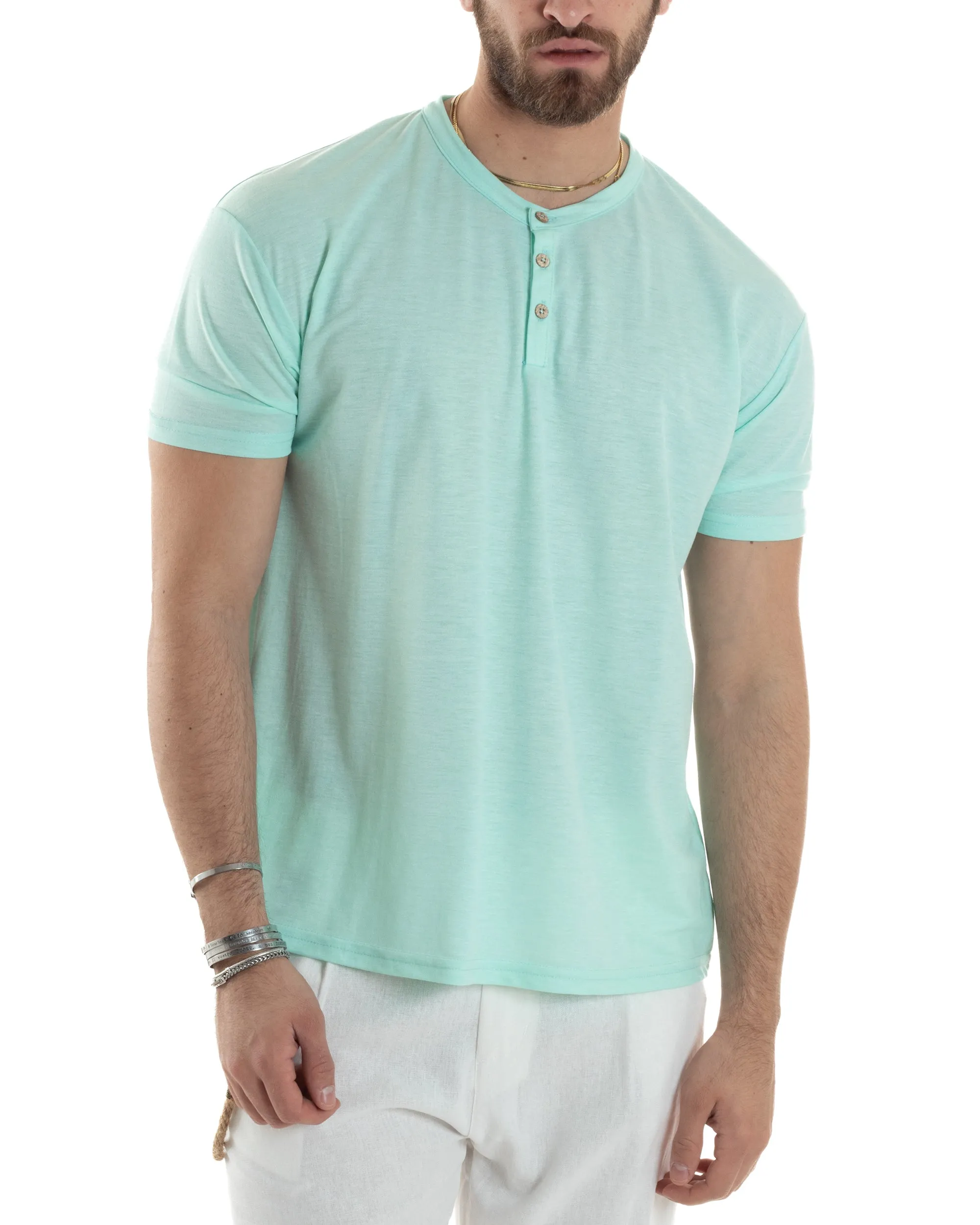 T-shirt Uomo Manica Corta Viscosa Collo Serafino Maglia Con Bottoni Casual Verde Acqua GIOSAL-TS3042A