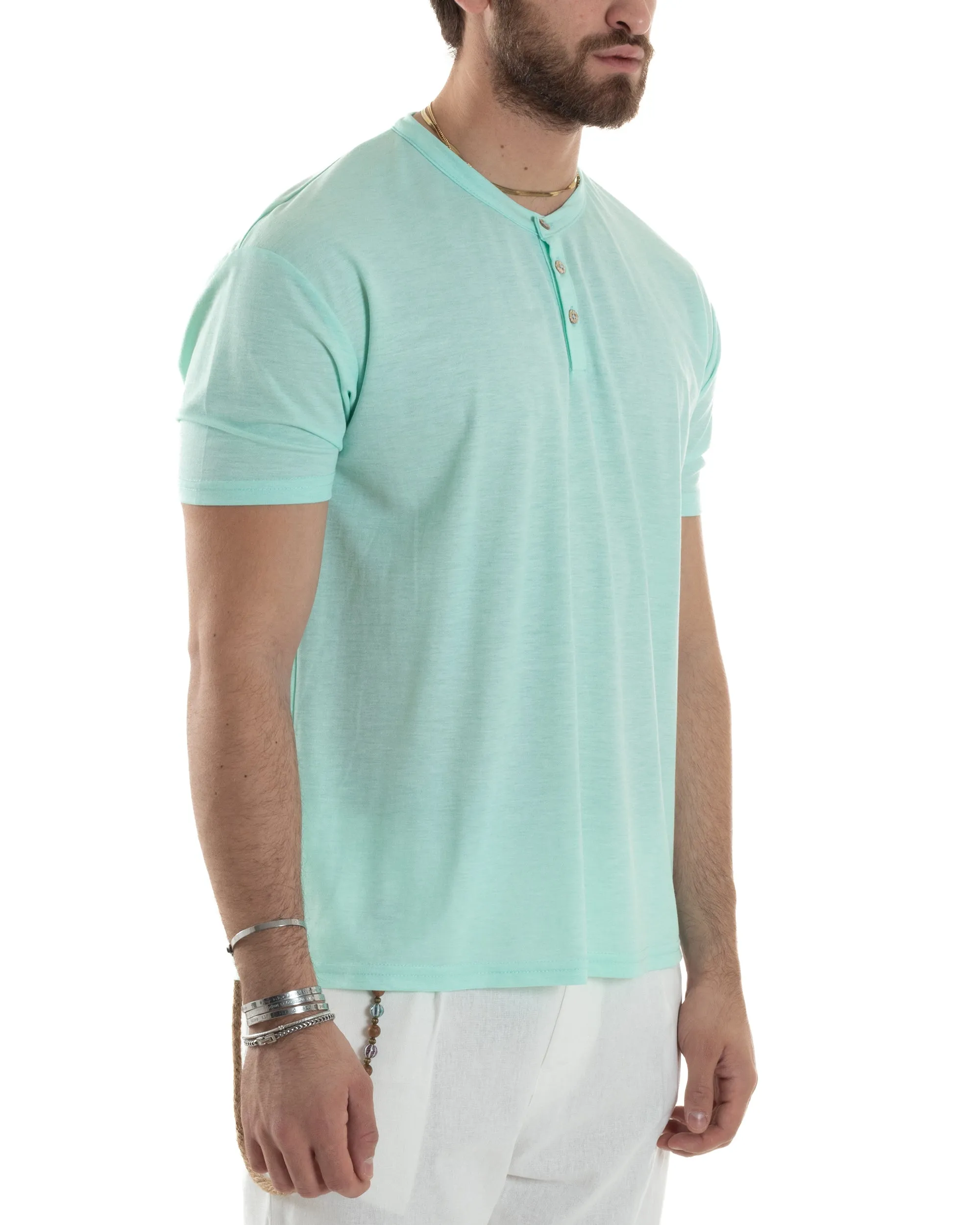 T-shirt Uomo Manica Corta Viscosa Collo Serafino Maglia Con Bottoni Casual Verde Acqua GIOSAL-TS3042A