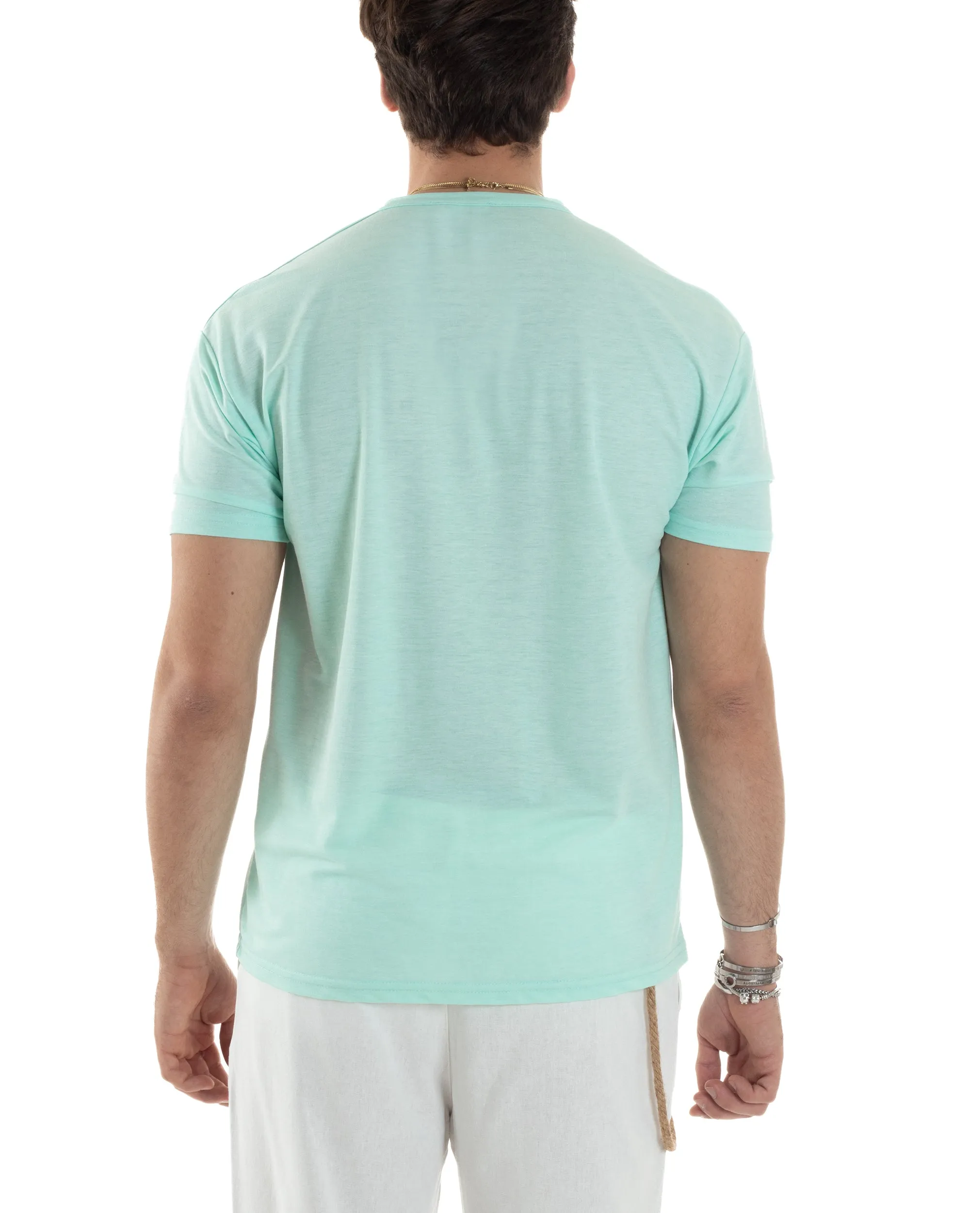 T-shirt Uomo Manica Corta Viscosa Collo Serafino Maglia Con Bottoni Casual Verde Acqua GIOSAL-TS3042A