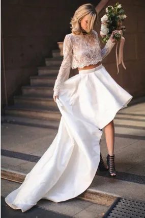 Unique Two Pieces Lace Wedding Dresses with Long Sleeve Prom Dresses