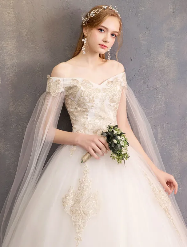 Wedding Dresses Tulle Off The Shoulder Short Sleeve Lace Applique Princess Bridal Gown