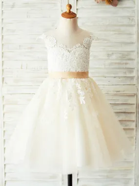 White Little Girl Dresses Sleeveless Floral Lace Tulle Wedding Party Dresses