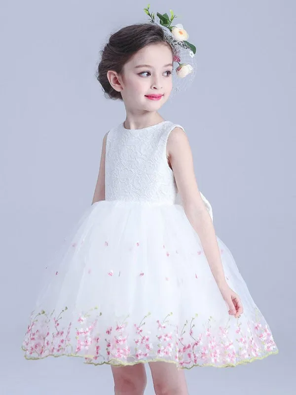 White Sleeveless Flower Girl Dresses Jewel Neck Kids Social Party Dresses